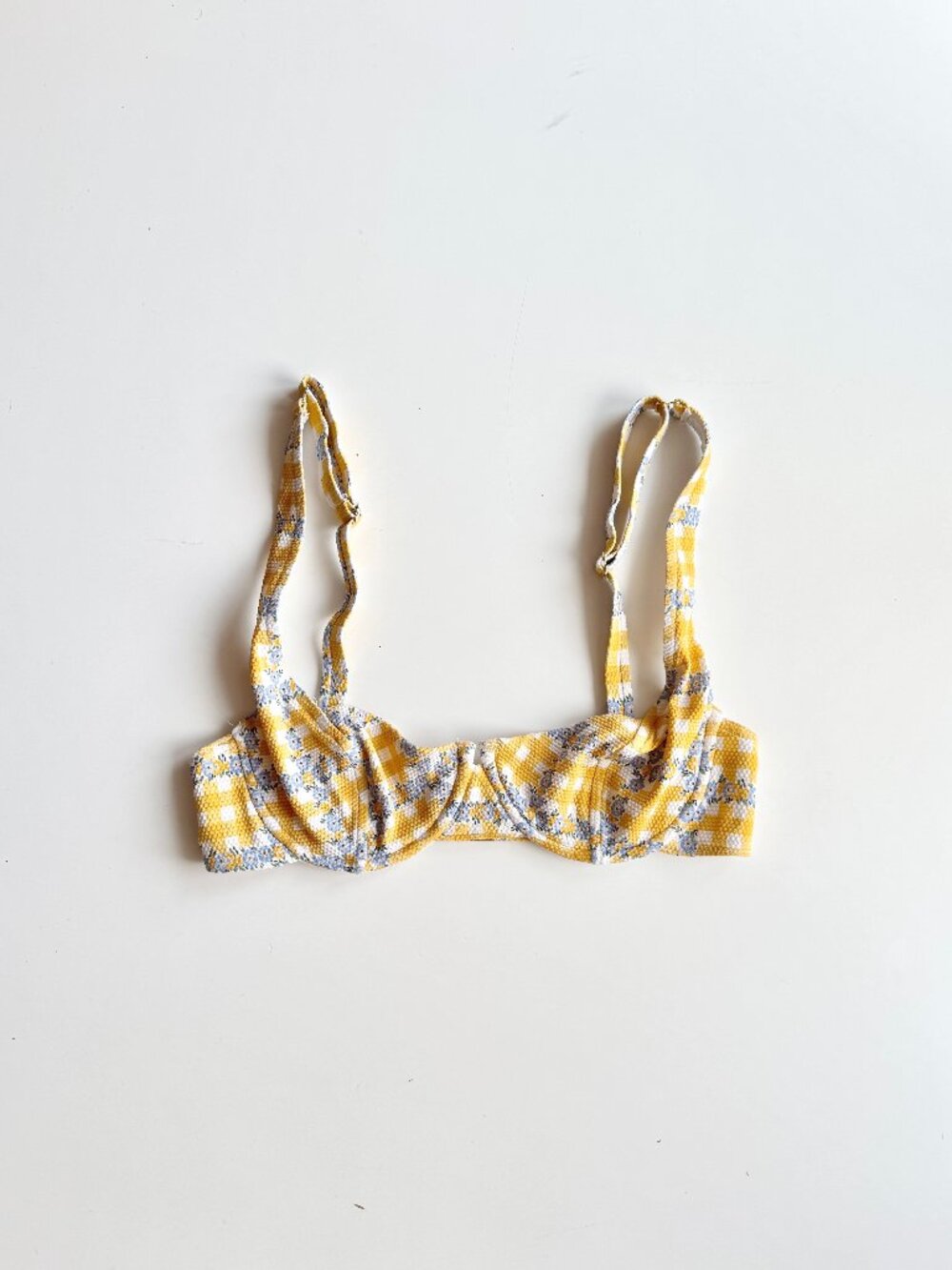 ROUJE Eglantine Yellow Check Blue Floral Balconette Bra Bikini Top, Size 34